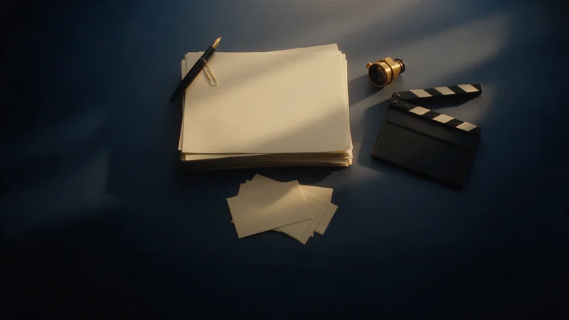 Blank casting brief pages, a fountain pen, a blank clapperboard and a brass viewfinder on a dark desk