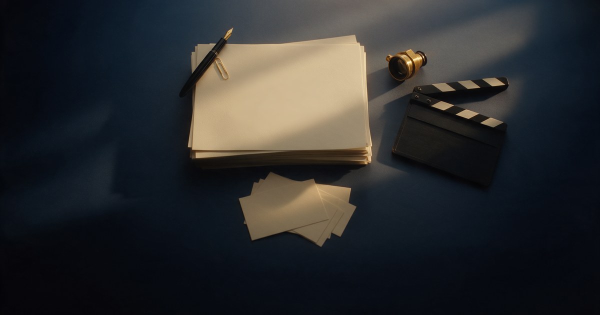 Blank casting brief pages, a fountain pen, a blank clapperboard and a brass viewfinder on a dark desk