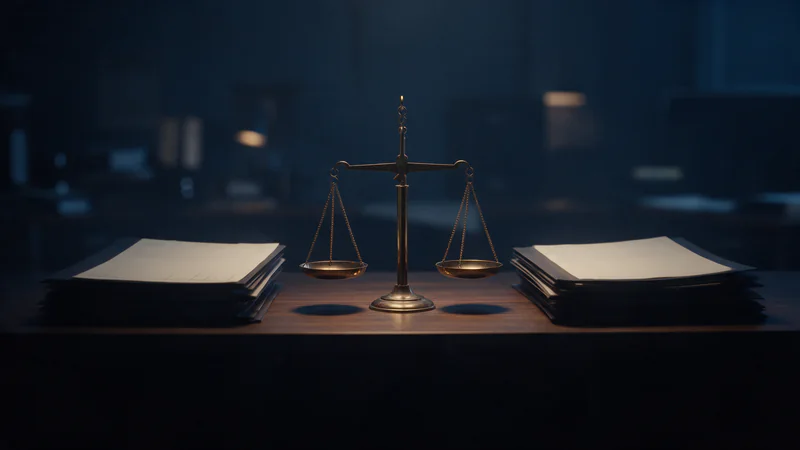 A brass balance scale between two stacks of blank paperwork on a dark desk