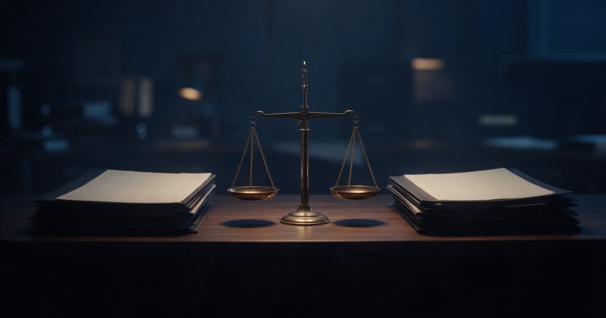 A brass balance scale between two stacks of blank paperwork on a dark desk