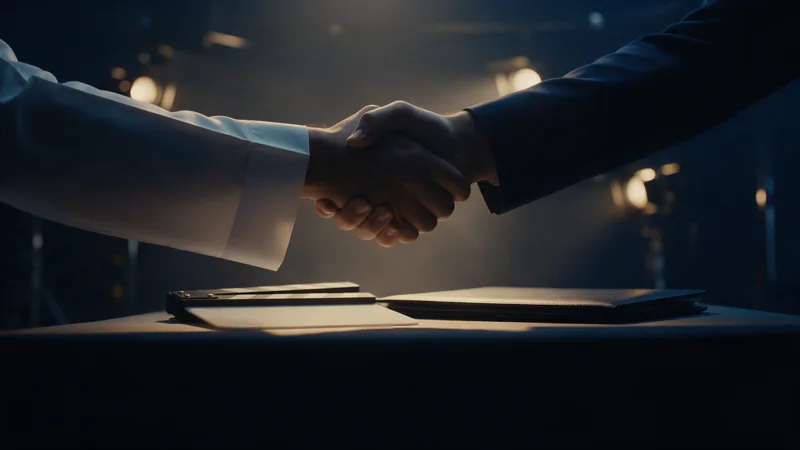 Two hands shaking over a production table with a blank clapperboard, one in a white thobe sleeve