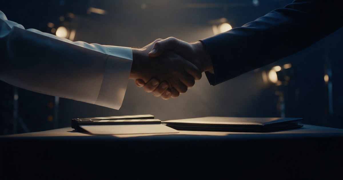 Two hands shaking over a production table with a blank clapperboard, one in a white thobe sleeve