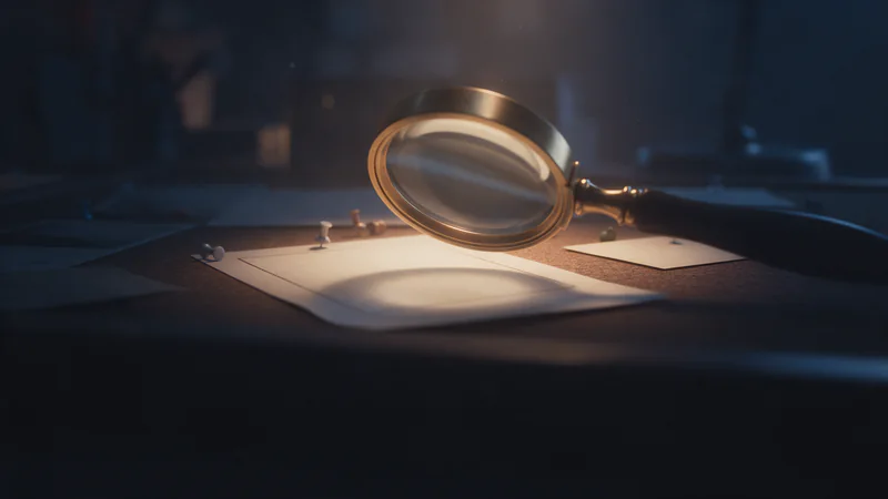 A brass magnifying glass over a blank casting flyer on a dark cork board