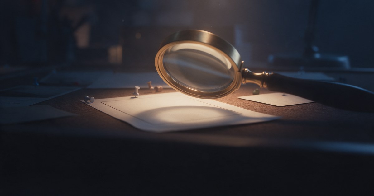 A brass magnifying glass over a blank casting flyer on a dark cork board