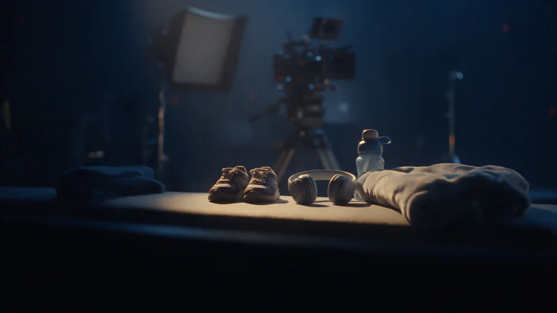 Small sneakers, child-size headphones and a water bottle on a bench in a quiet corner of a film set