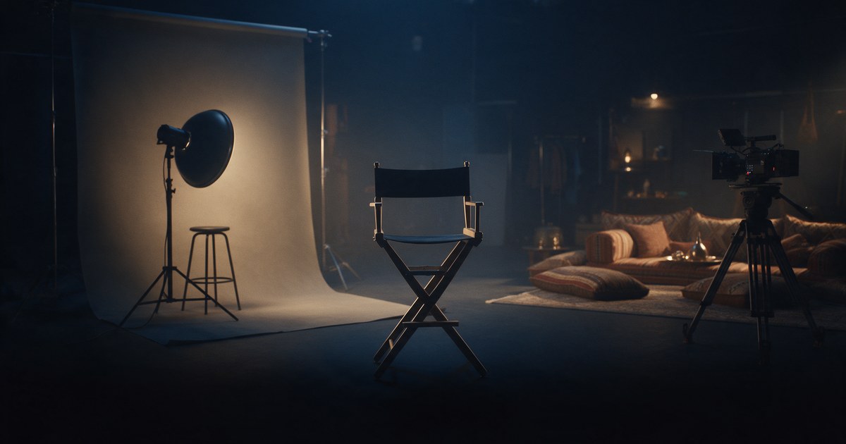 An empty director's chair between a fashion backdrop and a majlis set with a cinema camera