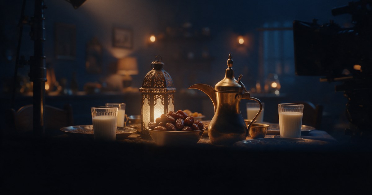 An iftar table with dates, a brass dallah, laban and a lit lantern on a film set