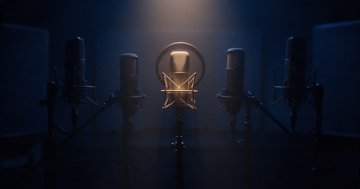 Five studio condenser microphones in a dark recording booth, the centre one lit in warm gold
